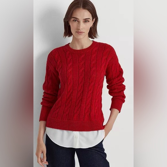 Ralph Lauren Burgundy Cable-Knit Crew-Neck Sweater w Ribbed Neck, Cuff & Hem - Picture 9 of 9